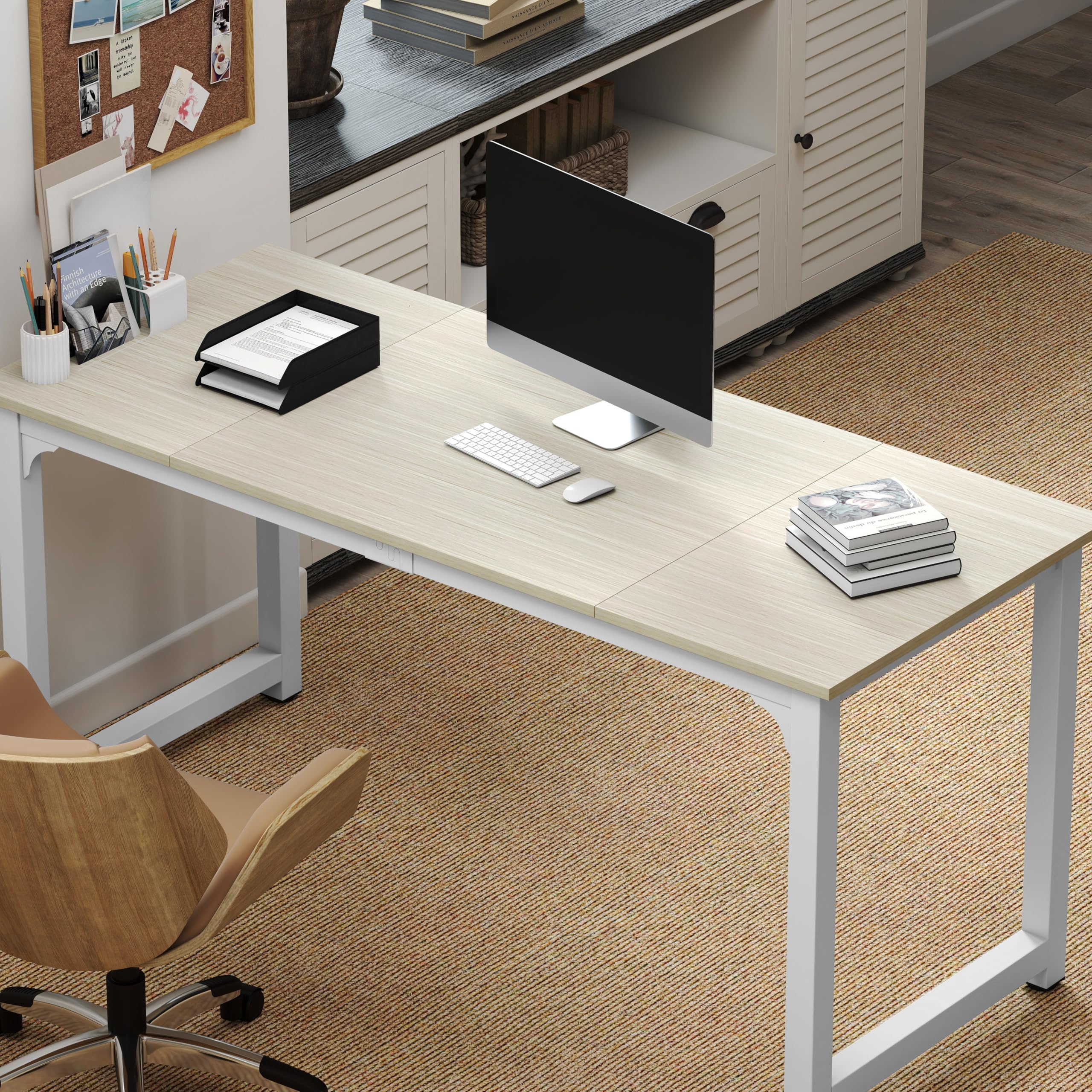 Photo 1 of **HAS DAMAGES/ MISSING ASSEMBLY HARDWARE*** NSdirect Large Office Desk for Home Office, Large 63" Computer Desk Table, Wide Writing Study Desk for 2 Person, Metal Sturdy Frame Thicker Steel Legs, (White Oak, 63"L x 23.6"W x 29.5"H)