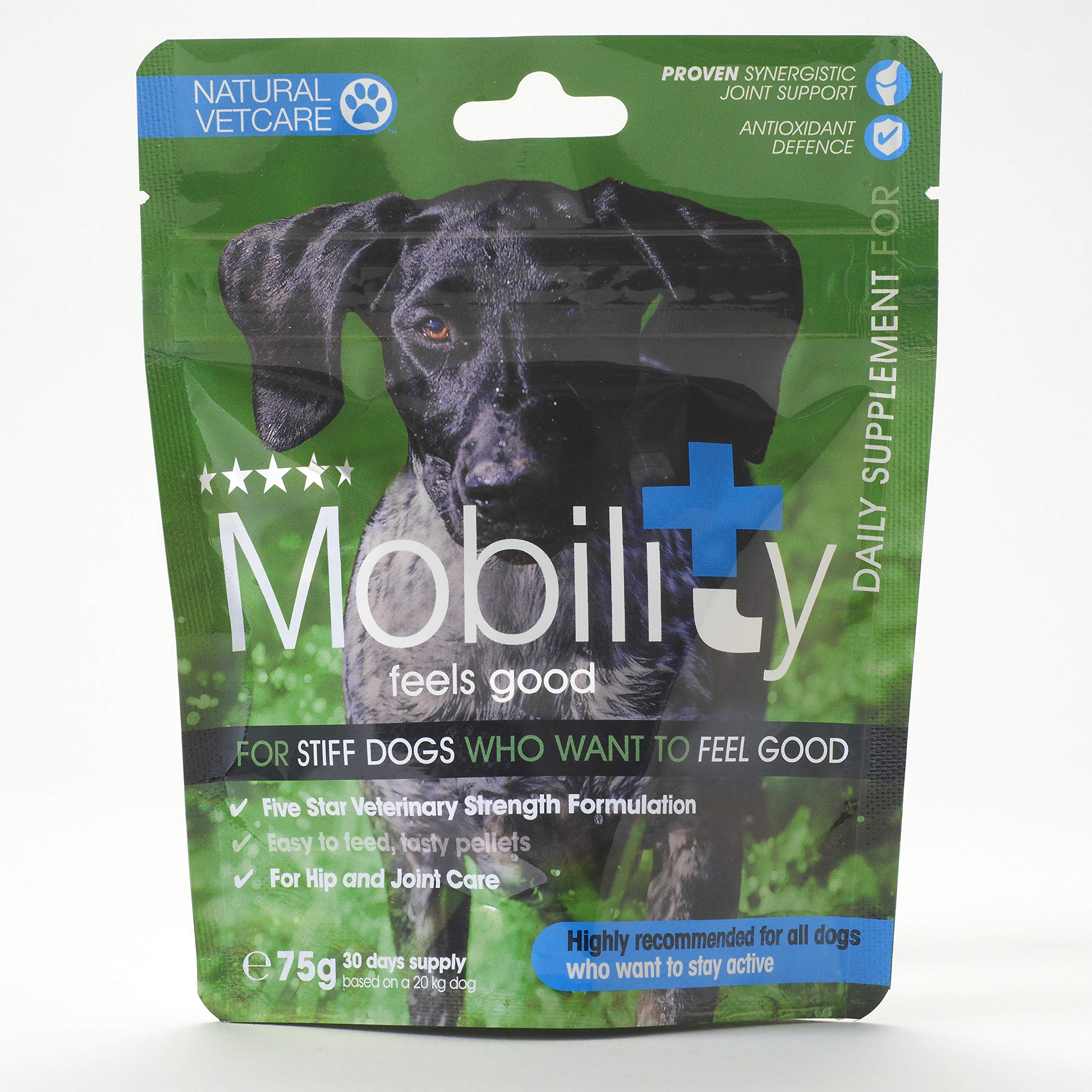 Natural VetCare Mobility Supplement for Dogs 75g – Vet Strength Joint Support – Eases Stiffness & Aids Flexibility – With Glucosamine, MSM, Omega 3 & Antioxidants – For Active & Working Dogs