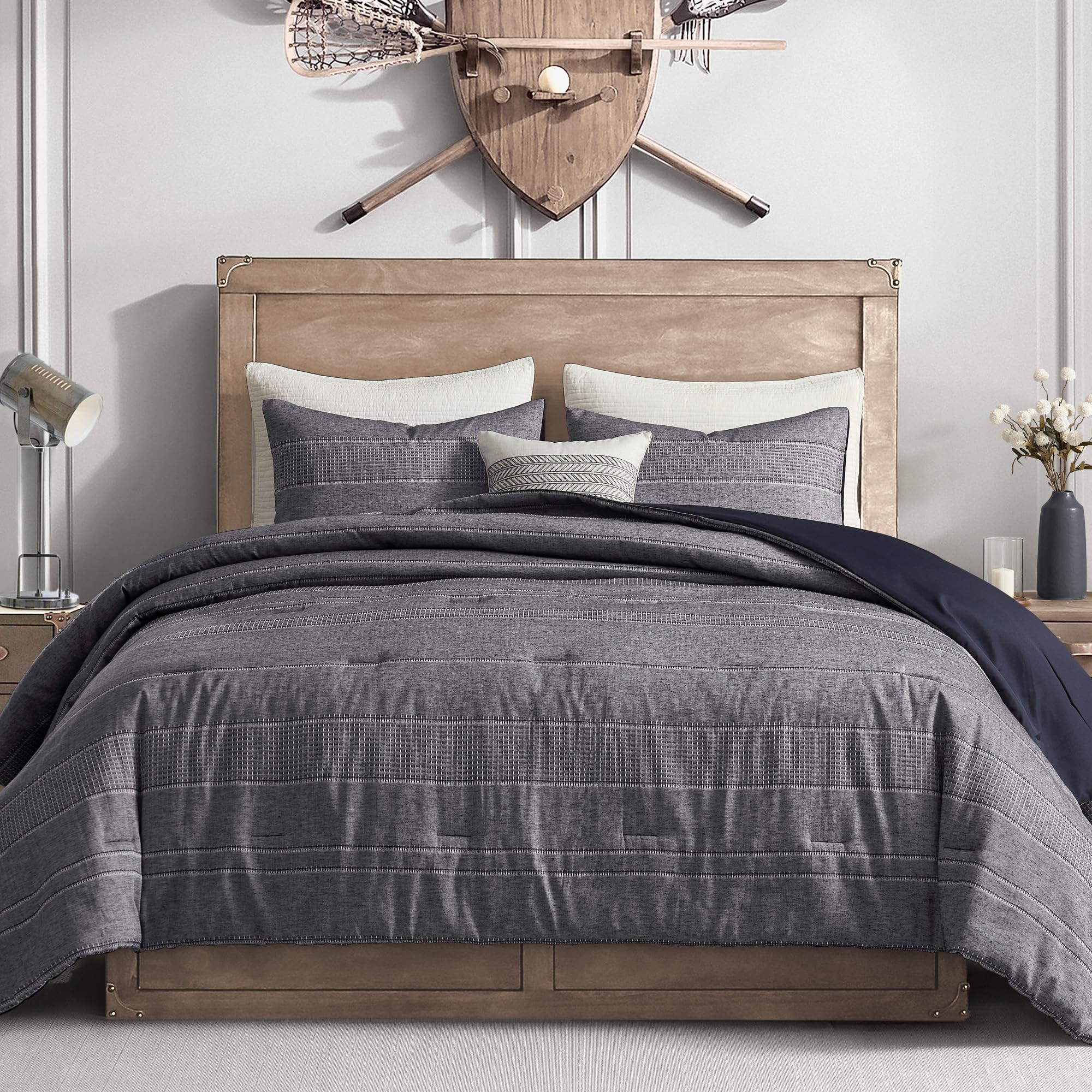 Photo 1 of Wonderful Denim Navy Comforter Set Queen Size, Yarn Dyed Farmhouse Striped Linen Blended Lightweight Comforter with Pillow Shams, Blue Gray Fluffy Cabin Bedding Set for All Season
