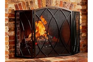 FEED GARDEN 3 Panel Fireplace Screen 48" W x 29.5" H Modern Foldable with Wrought Metal Decorative Mesh,Arch Heavy Duty Fire Spark Guard Cover for Home Decor Indoor, Black