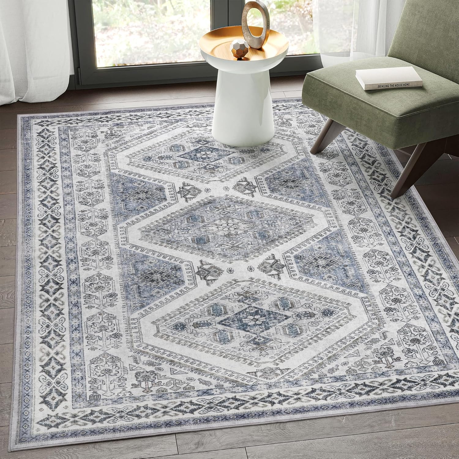 Rugs, Pads & Protectors - Rugland 5x7 Area Rugs - Stain Resistant Washable Rug, Anti Slip Backing Rugs for Living Room, Vintage Tribal Area Rugs(5'x7', TPR59-Blue)