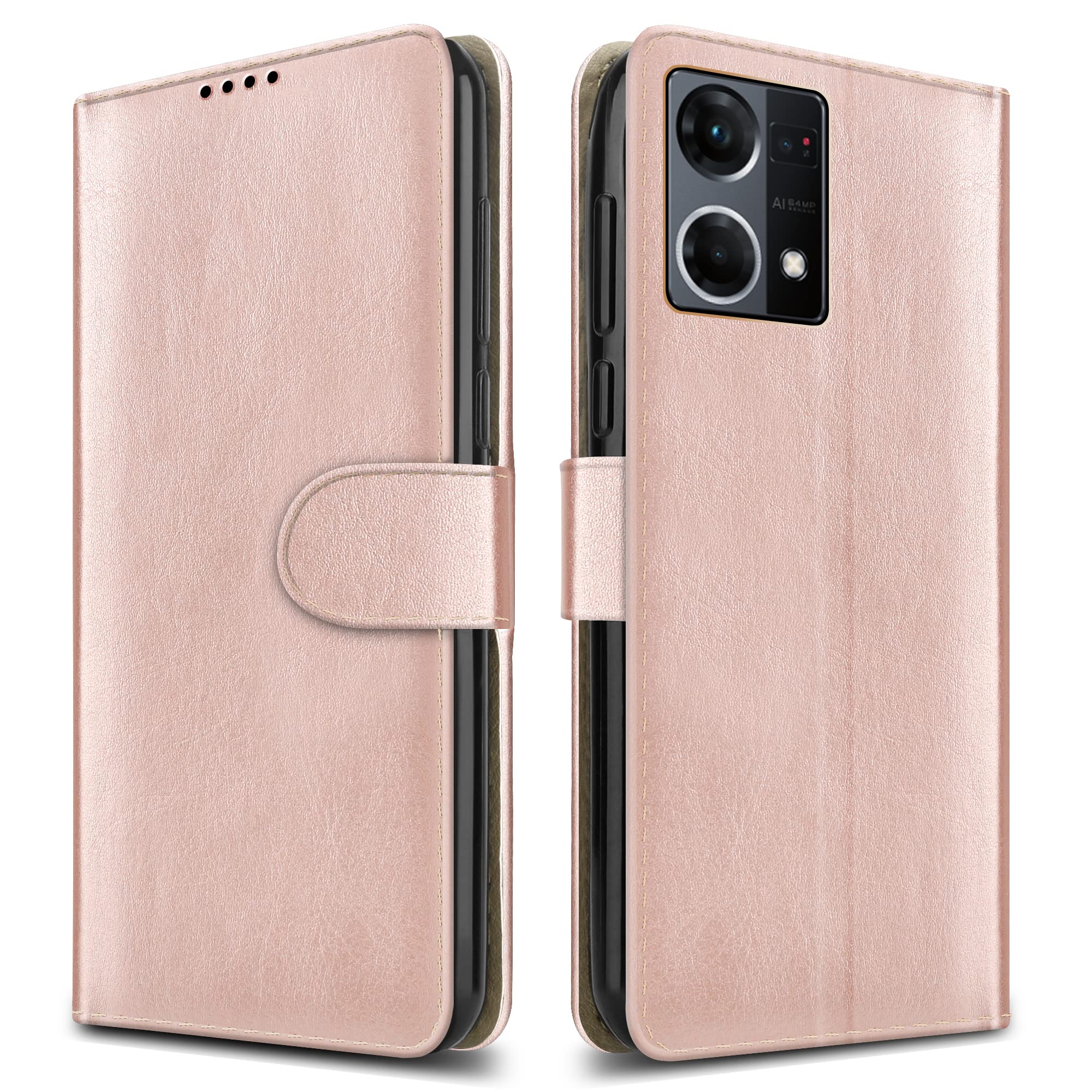 PIXFAB For Oppo Reno 7 4G Leather Phone Case, Magnetic Closure Full Protection Book Folio Design, Wallet Case Cover [Card Slots] and [Kickstand] For Oppo Reno 7 4G (6.43") - Rose Gold