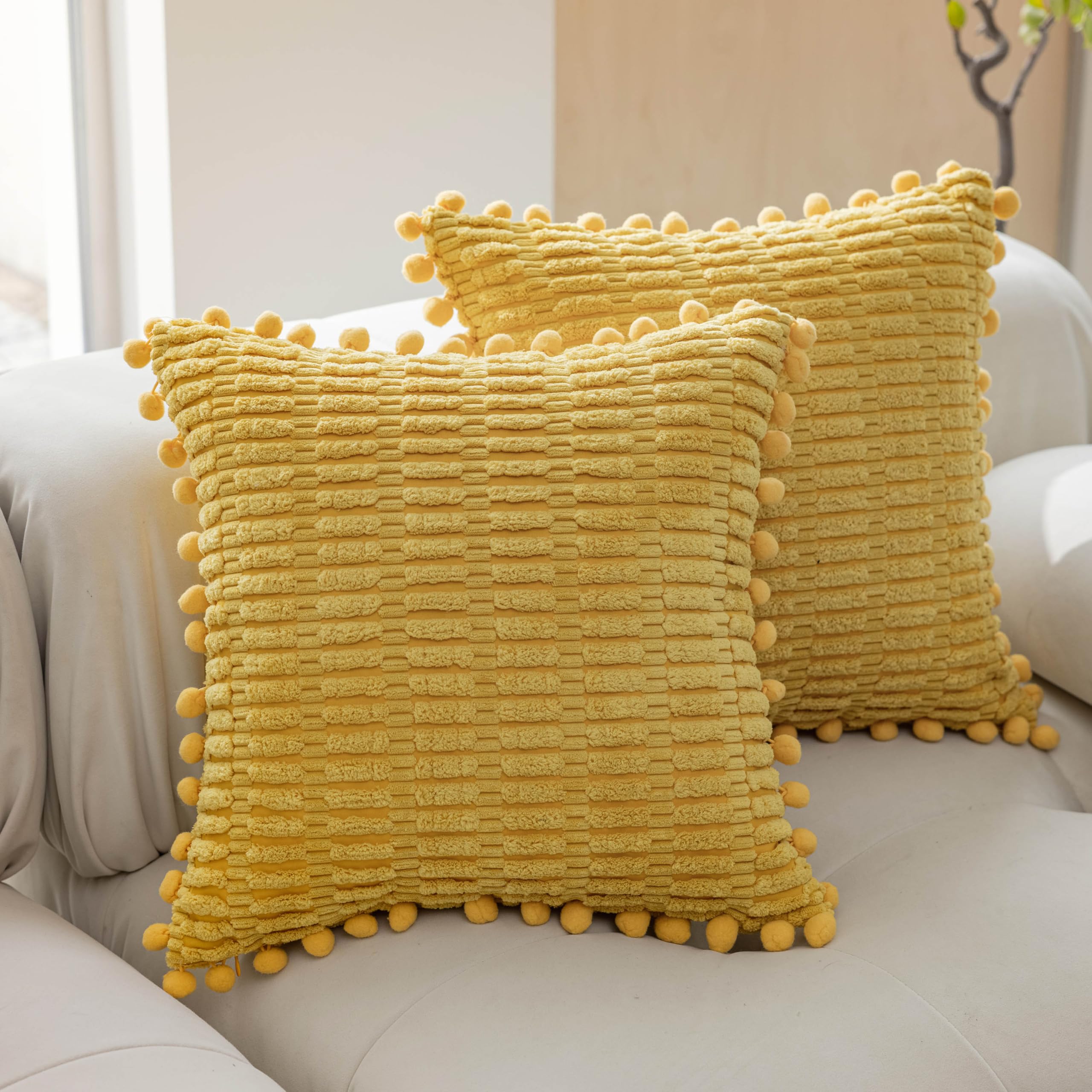 Home Brilliant 45x45 Cushions Covers Sunflower Yellow Ochre, Fluffy Corduroy Cushions 18x18, Sofa Cushion Covers with Invisible Zipper Spring Summer Decor, Yellow, 45cm x 45cm