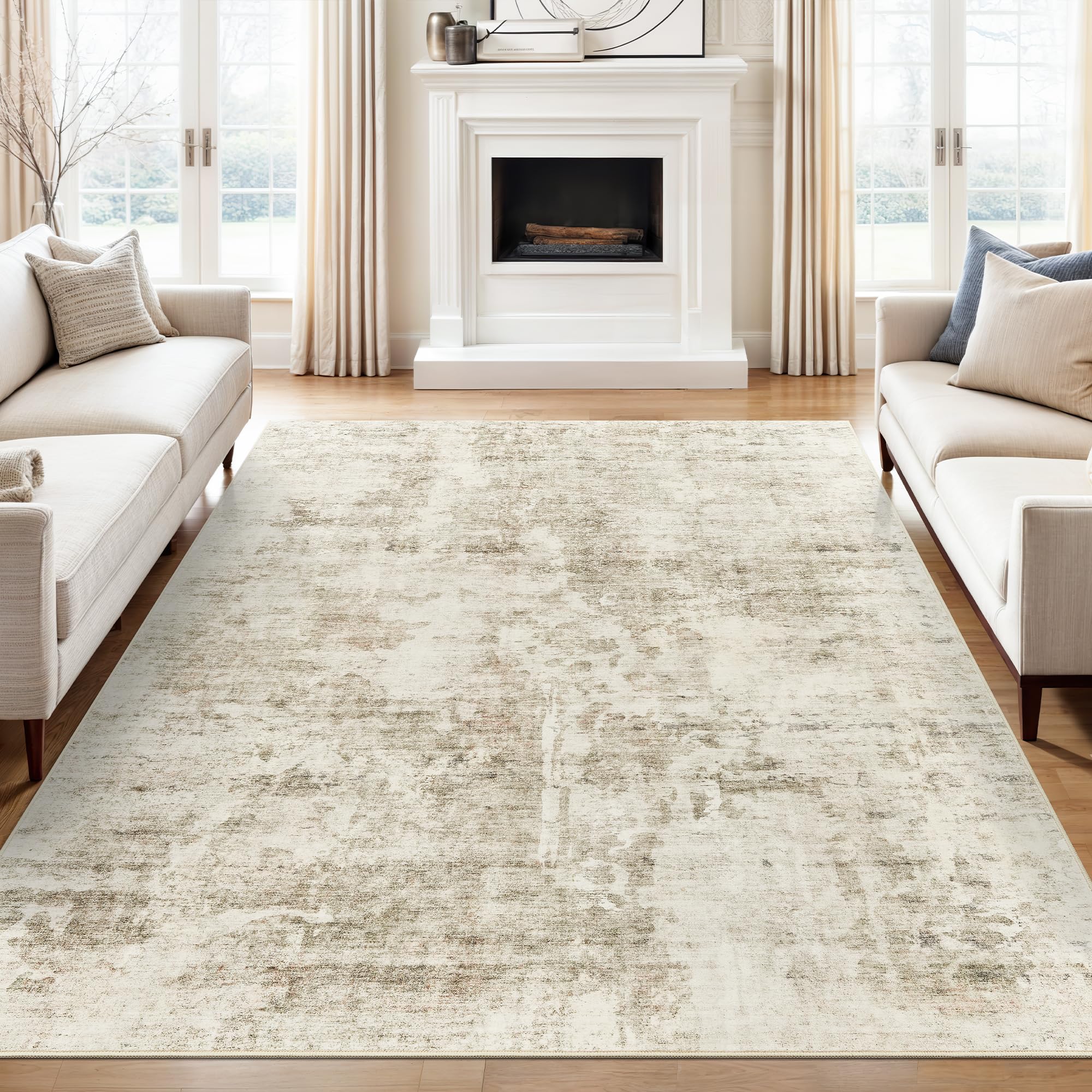 Photo 1 of Soalmost 6x9 Abstract Area Rugs for Living Room 6 x 9 Washable Non Slip Low Pile Gray Rugs for Bedroom Dining Room Foldable Thin Beige Gray