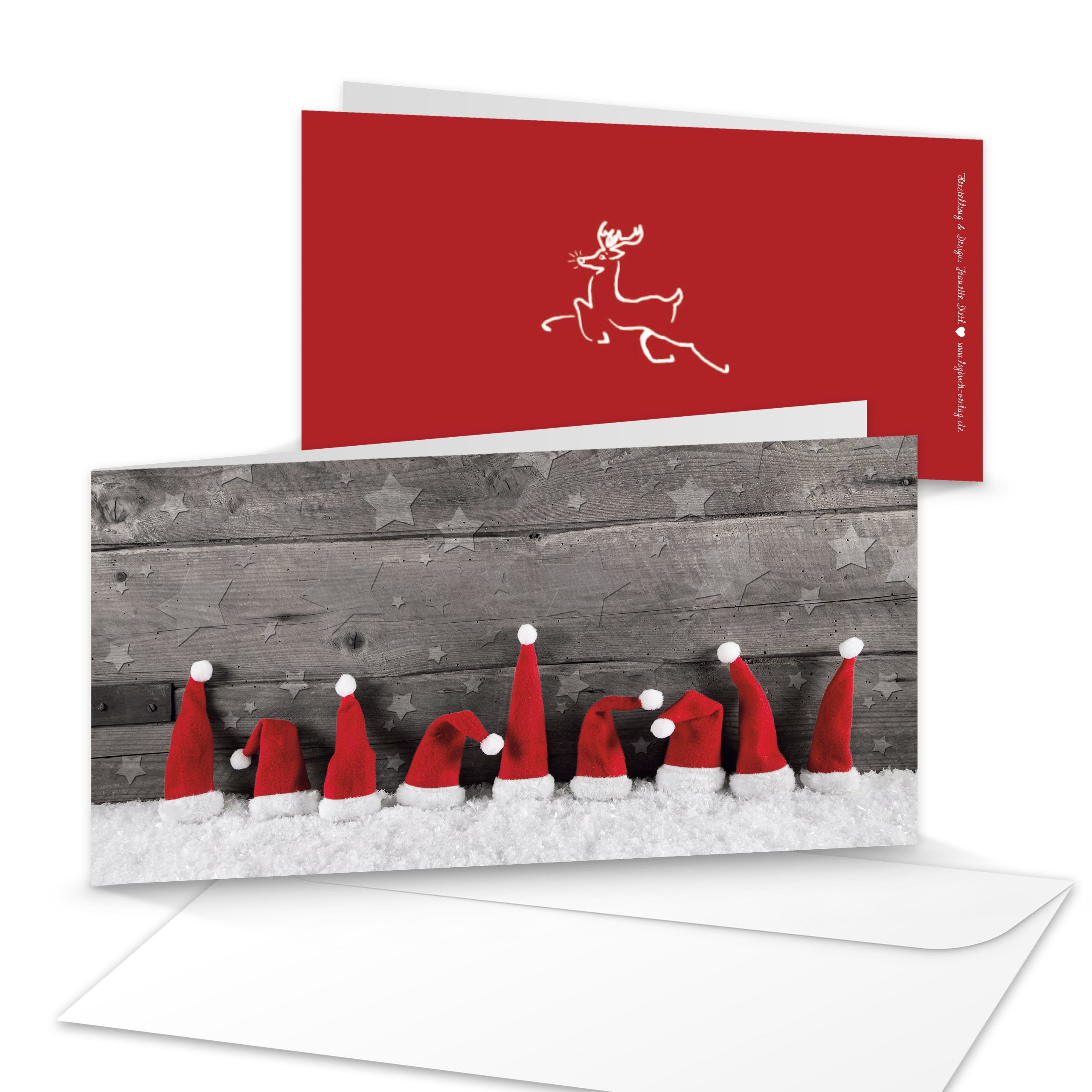Set 10 pieces DIN long red, grey and white Christmas card with blank envelope, red, Santa, Christmas hats, 21 x 10.5 cm folding Christmas cards for business customers, clients