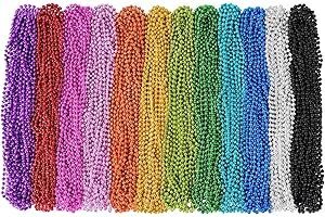 SHAOQINLIN 144 PCS Mardi Gras Beads Necklaces, 12 Colors 33 Inch 7 mm Metallic Bead Party Beads Round Beaded Necklaces for Mardi Gras, Christmas, Carnival