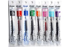 Pentel LR7 Refills for EnerGel Gel Pen, 0.7mm Metal Tip - Set of 8 Colors - Black, Blue, Red, Green, Orange, Pink, Sky Blue & Violet - Supplied Loose