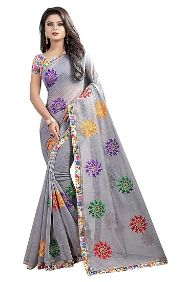 Multi Coloured Embroiderd Cotton Saree With Blouse Piece For Women