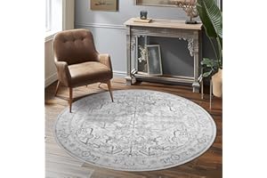 jinchan Round Rug 5ft Washable Area Rug Vintage Floor Mat Kitchen Indoor Circle Rug 5' Round Thin Rug Floral Print Carpet Retro Farmhouse Non Slip Entryway Dining Room Living Room Bedroom Office Grey