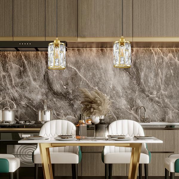 DOLAIMI HOUSE 2 PACK 1 LIGHT 5.4″ CRYSTAL SHADE HANGING KITCHEN ISLAND PENDANT LIGHT GOLD FINISH,MODERN PENDANT FIXTURE WITH CRYSTAL METAL SHADE FOR BAR,DINING ROOM,LIVING ROOM OVER SINK