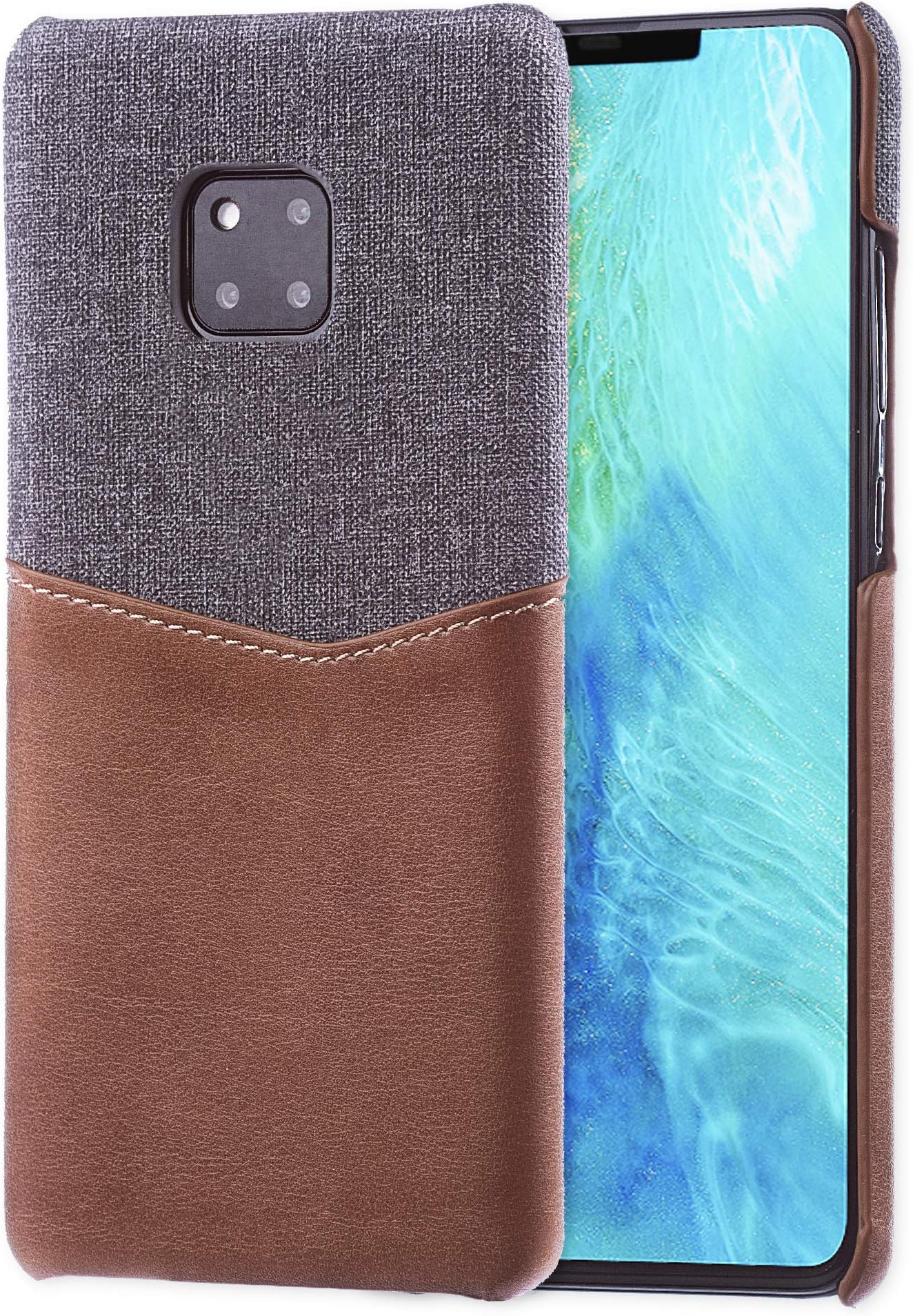 Lilware Card Wallet Plastic Phone Case Compatible with Huawei Mate 20 Pro. Fabric Texture and PU Leather Protective Cover with ID/Credit Card Slot Holder. Brown