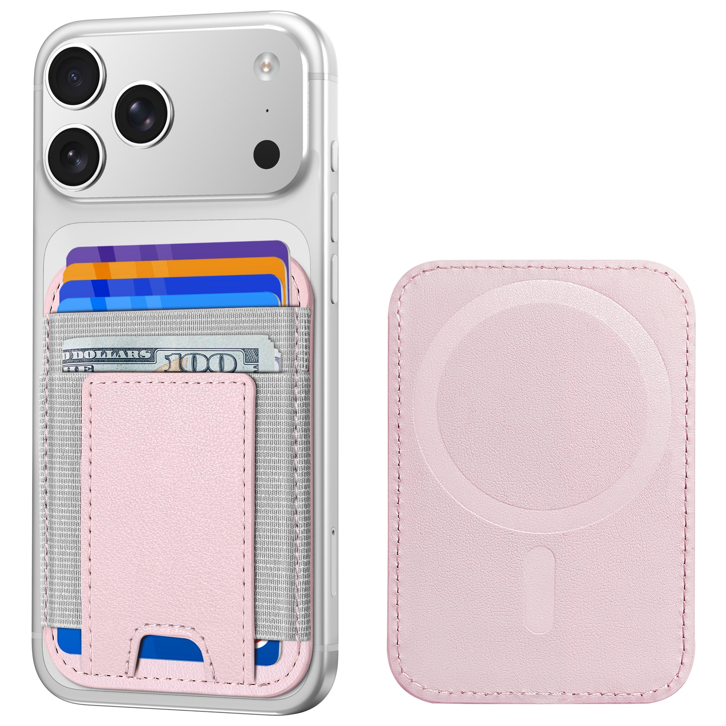 ExtreLife Upgraded for Magsafe Wallet, Stronger Magnetic Wallet for iPhone 17/16/15/14/13/12 Series, Magnetic Card Holder with 2 Card Slots, Slim, RFID Blocking, Vegan Leather, Fit 7 Cards, Pink