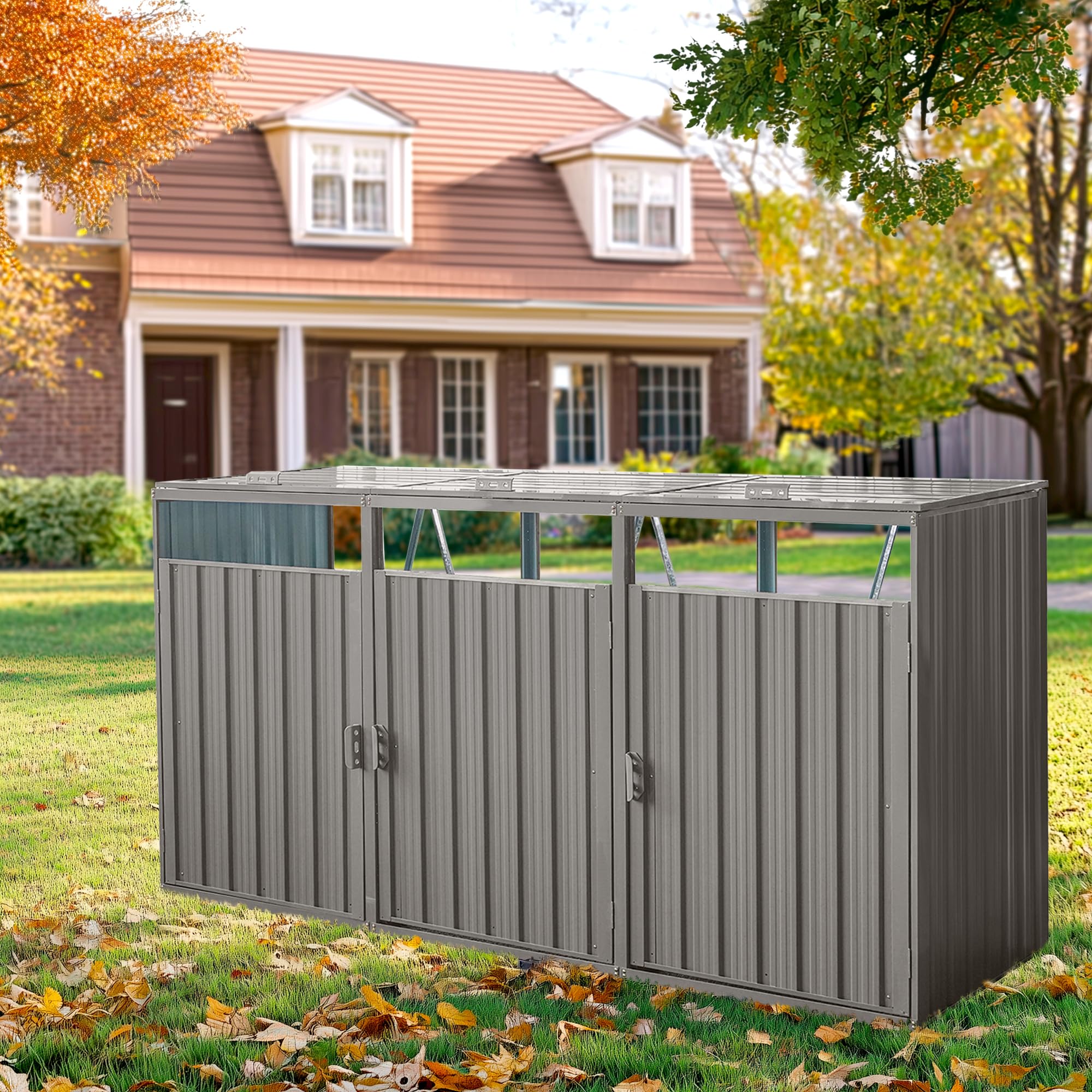 Photo 1 of Outdoor Trash Storage Shed Waterproof Garbage Bin Shed Stainless Trash Container Storage for 3 Trash Cans Galvanized Steel Garbage Can Hider for Patio Garden Lawn, Gray