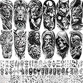 68 Sheets Black Tribal Wolf Lion Temporary Tattoos For Men Women, Halloween Skull Half Arm Sleeve Tattoo Sticker Tiger Zeus God Jesus Christ Gladiator, Bulk Temp Waterproof Fake Tattoos For Adults Owl