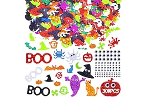 WHISTENFLA Halloween Foam Stickers 300Pcs, 200 Self-Adhesive Foam Glitter Sticker & 100 Wiggle Eyes, Pumpkin Ghost DIY Crafts for Halloween Thanksgiving Party