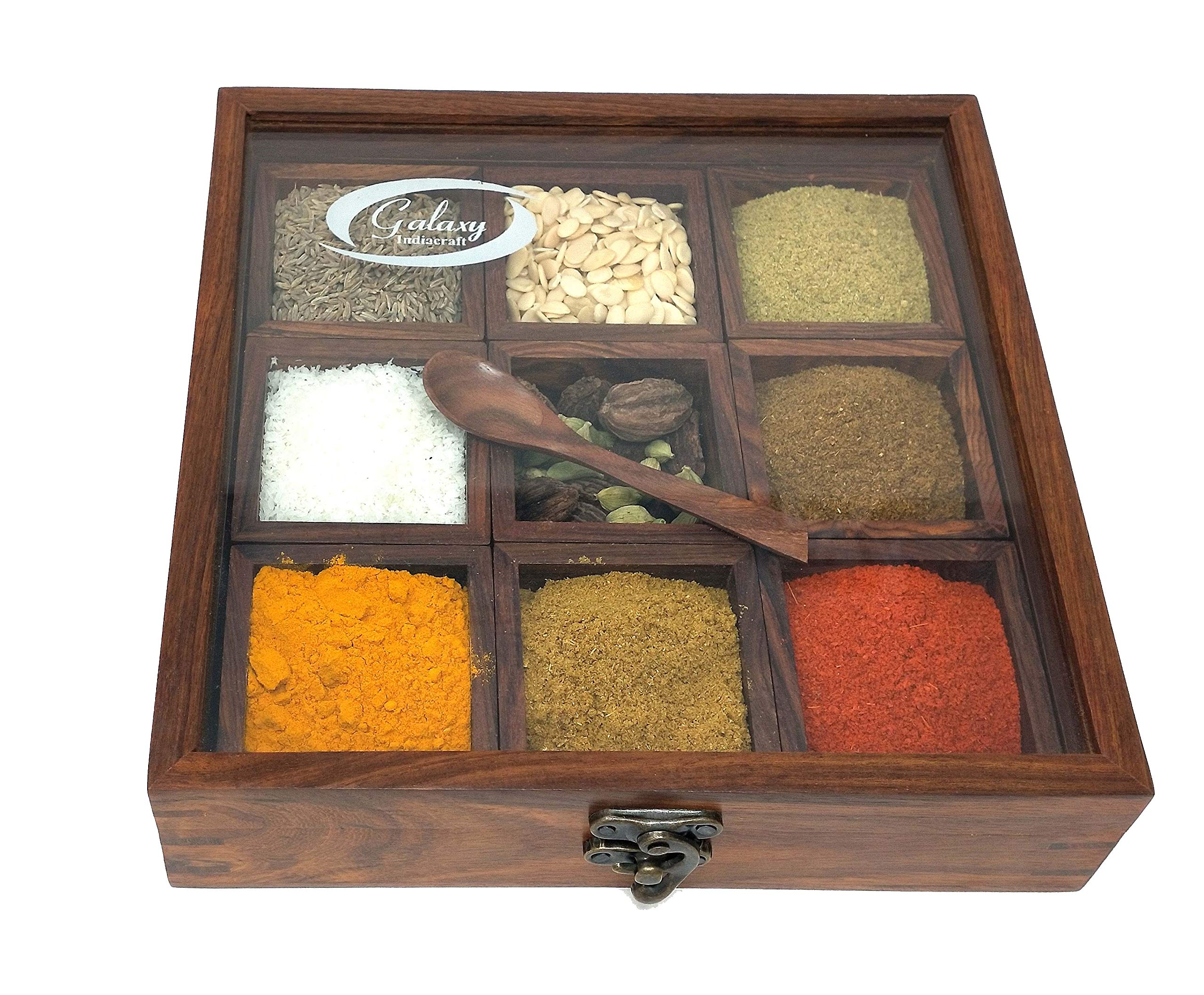 Galaxy Indiacraft Wooden Multipurpose Utility Table Top Spice Box Masala Dabba Containers Jars Cum Kitchen & Dry Fruit Box with Free Wooden Spoon (9 Compartments)