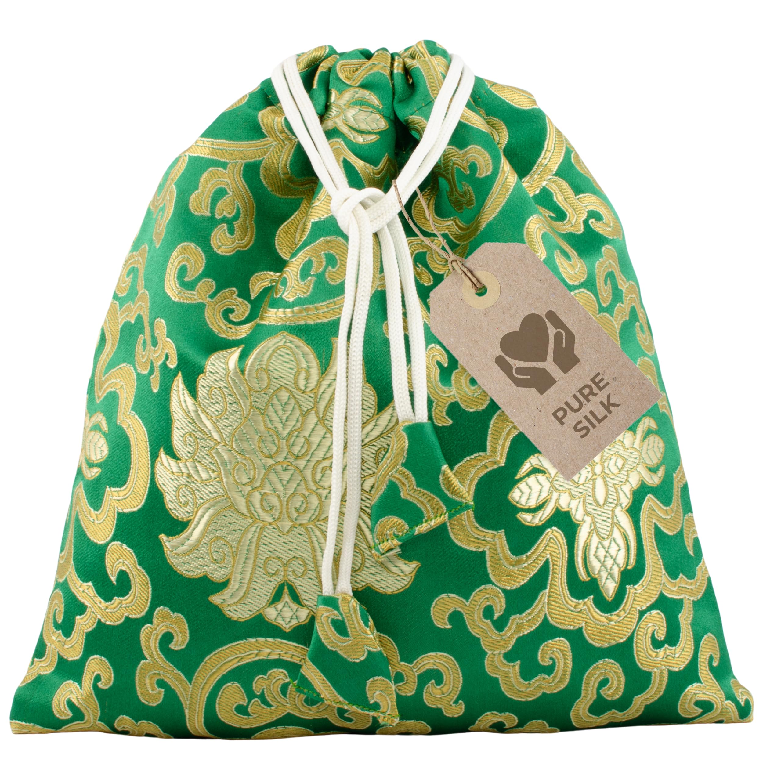 Avanda pouch/bag for singing bowls up to Ø 15 cm (6 in), pure silk from Nepal, practical drawstring, traditional handicraft, green-gold