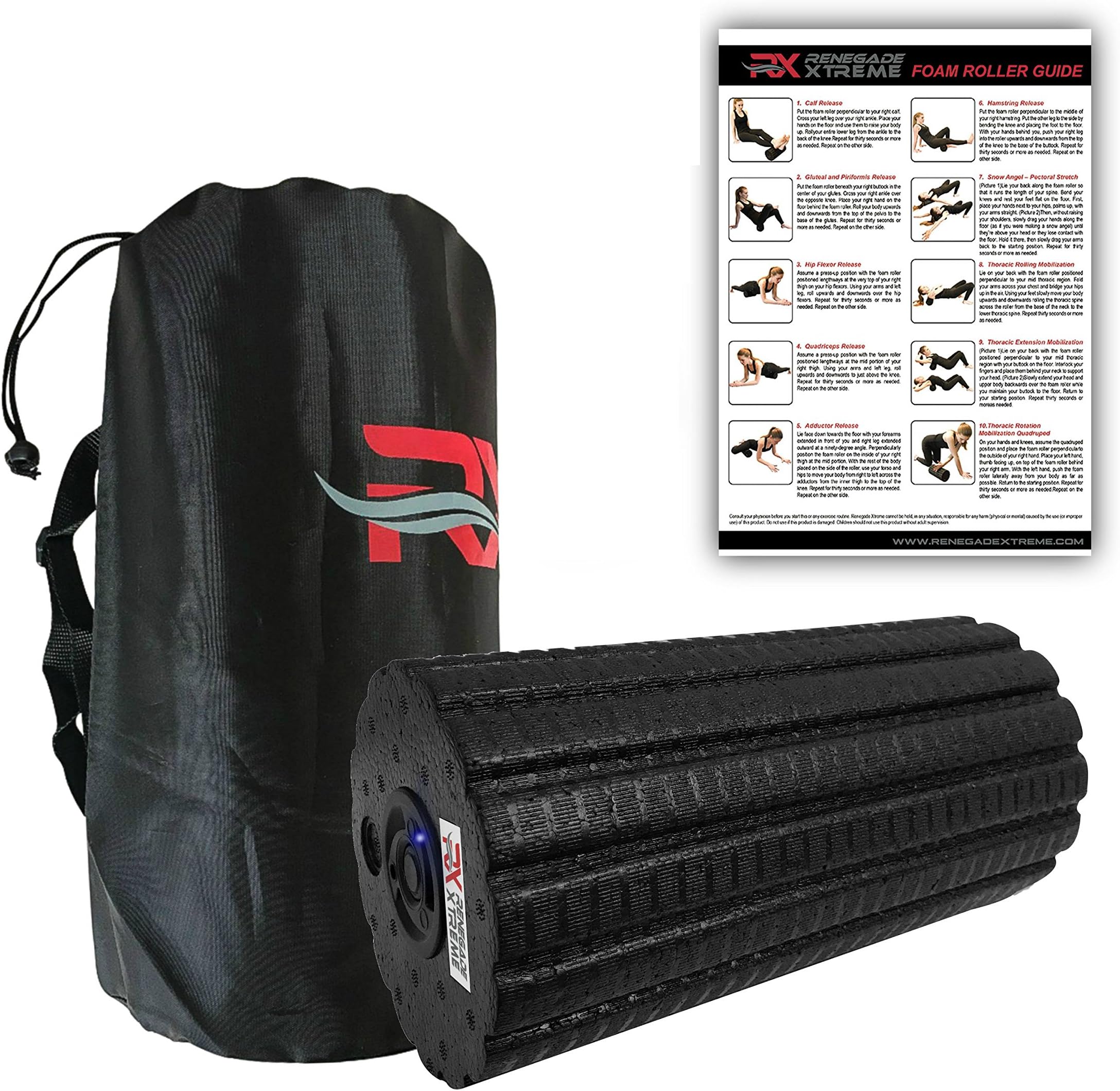 RX 1000 Vibrating Foam Roller - 4 Speed Rechargeable Firm Foam Roller by Renegade Xtreme, experience a Deeper Trigger-Point Tissue Massage & Muscle Therapy in Half the Time! Free Bag! Free E-Book!