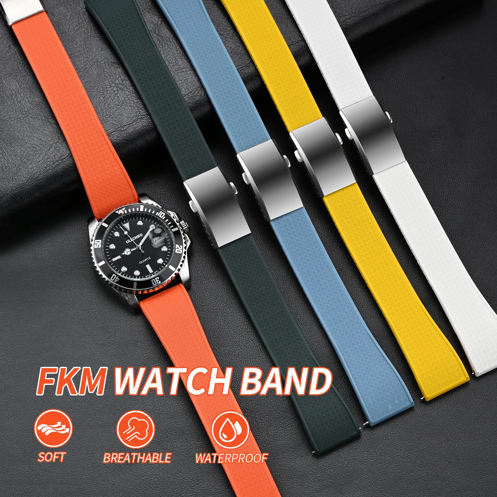 ULLCHRO FKM Rubber Watch Strap, Cut to Size Quick Release Fluororubber Watch Band Soft Replacement Watchband with Silver Milled Clasp for Men Women 18mm 19mm 20mm 21mm 22mm