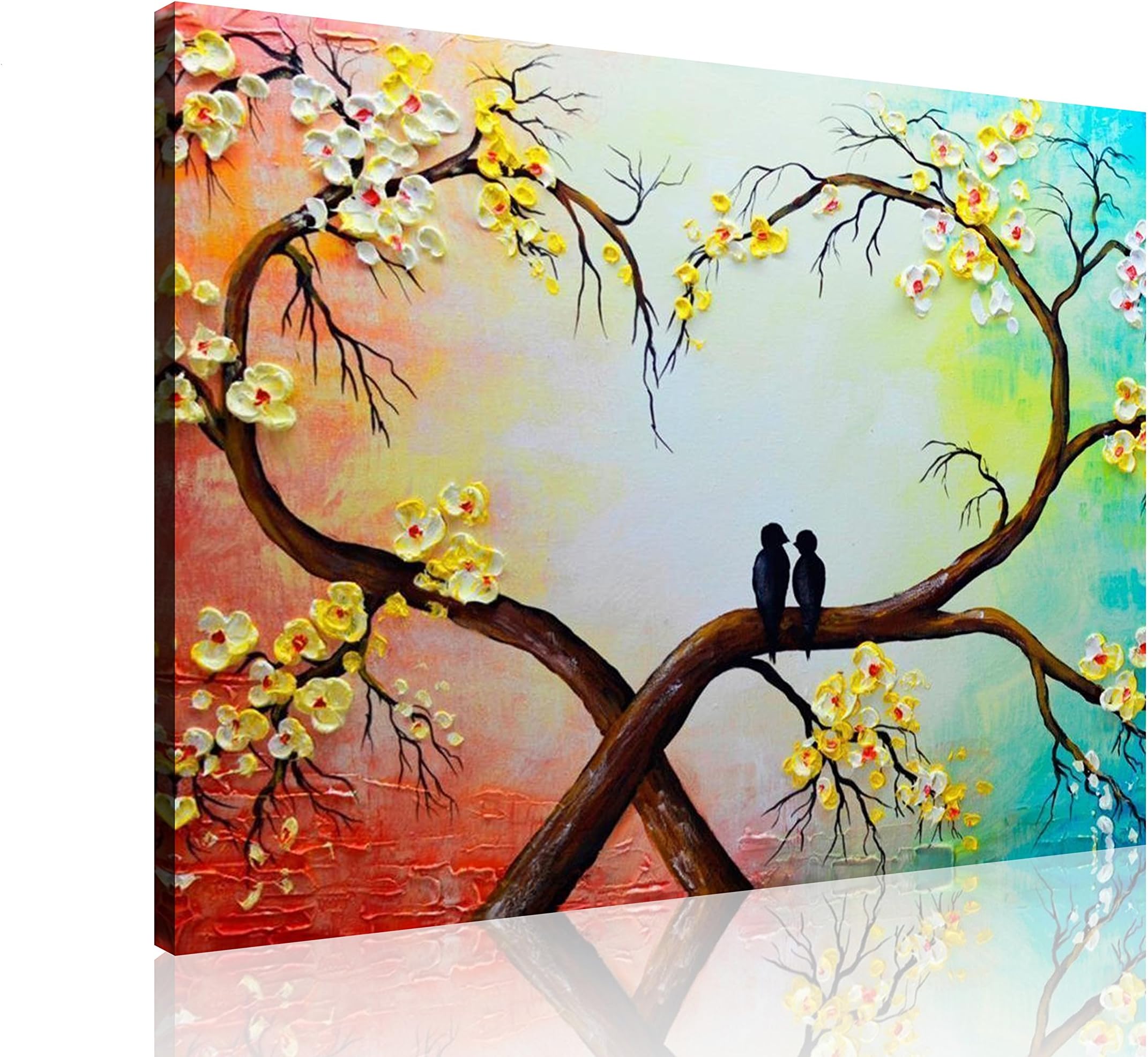 TutuBeer 100% Hand-Painted Oil Painting Wall Art for Home Decor Yellow White Floral Tree Love Bird Modern Giclee Canvas Prints for Home Decoration Decor Gift