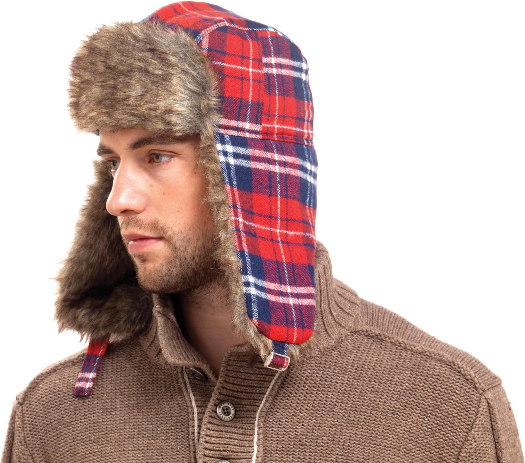 Rjm Mens Checked Trapper Hat with Fur