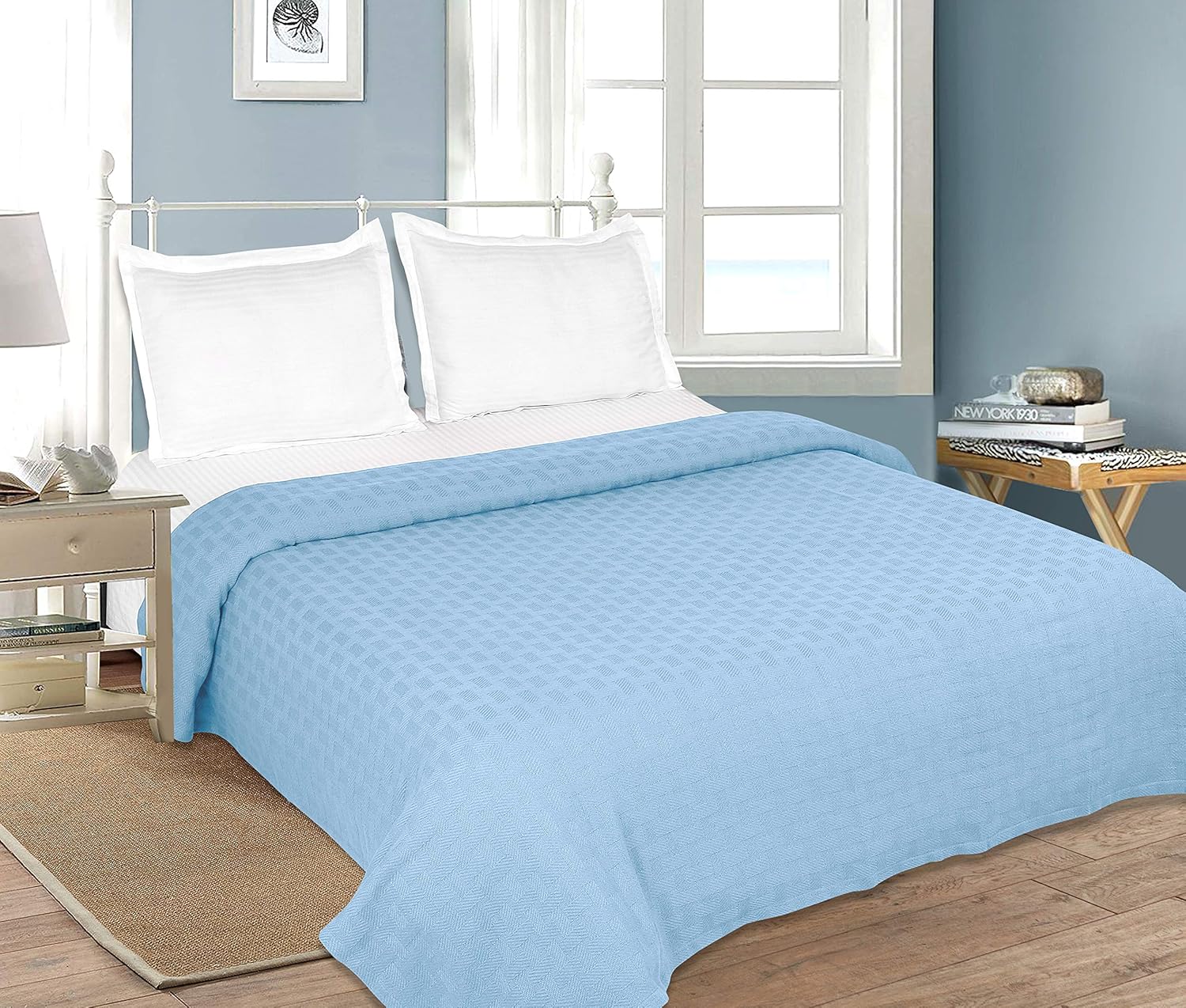 GLAMBURG 100% Cotton Bed Blanket, Breathable Bed Blanket Queen Size, Cotton Thermal Blankets Full - Queen Size, Perfect for Layering Any Bed for All Season - Sky Blue: Home & Kitchen