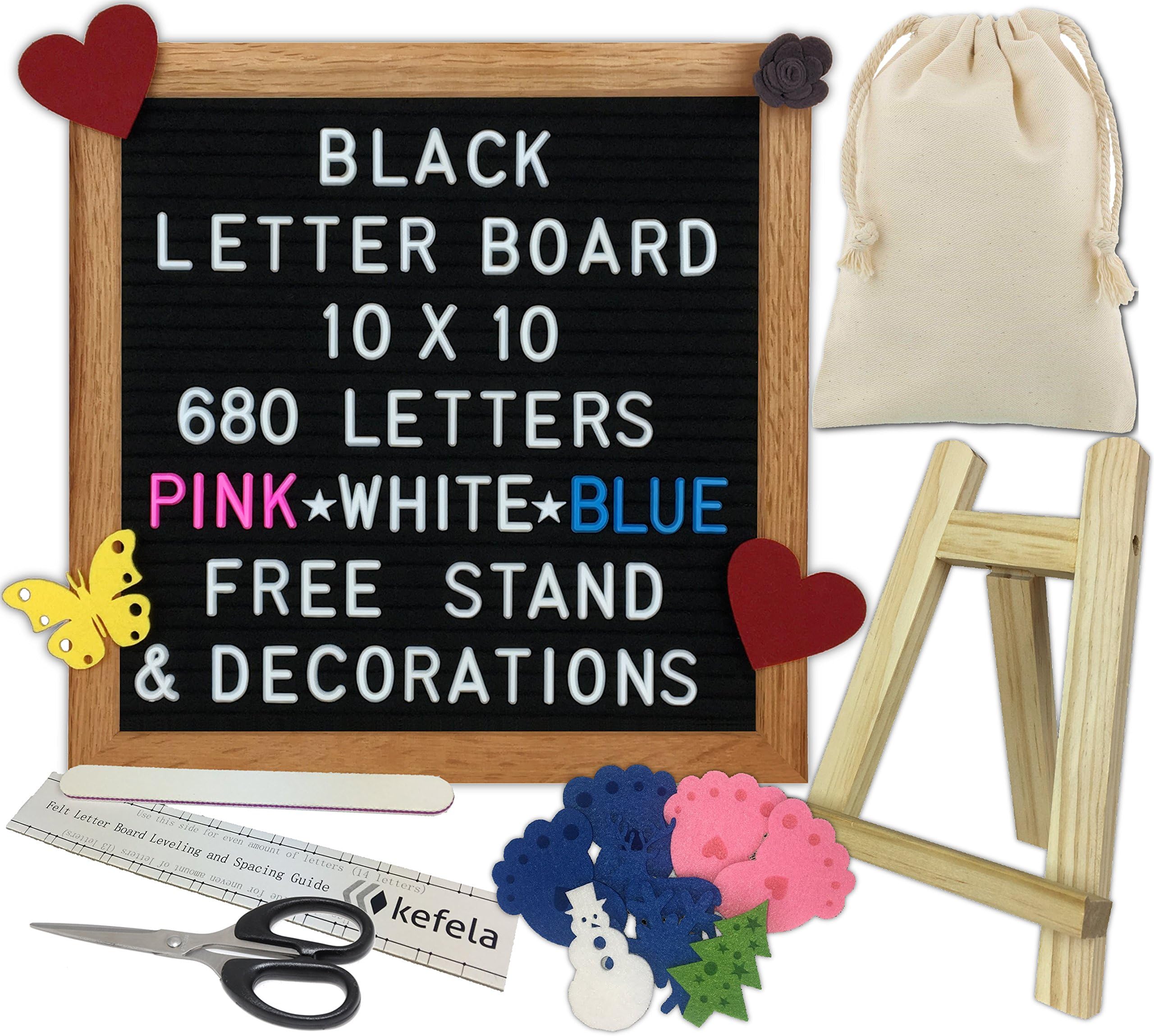 Black Felt Letter Board 10x10 - Stand, Decorations, Bag, Scissors, File, Guide - Vintage Oak Frame & 680 Changeable Pink Blue White Letters - for Announcements, Gift, Photo Prop, Quotes, Toy, etc.