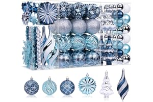 108ct Christmas Ball Ornaments Set, Blue and Silver Shatterproof Hand-Painted Hanging Baubles Decoration for Xmas Tree, Wreat