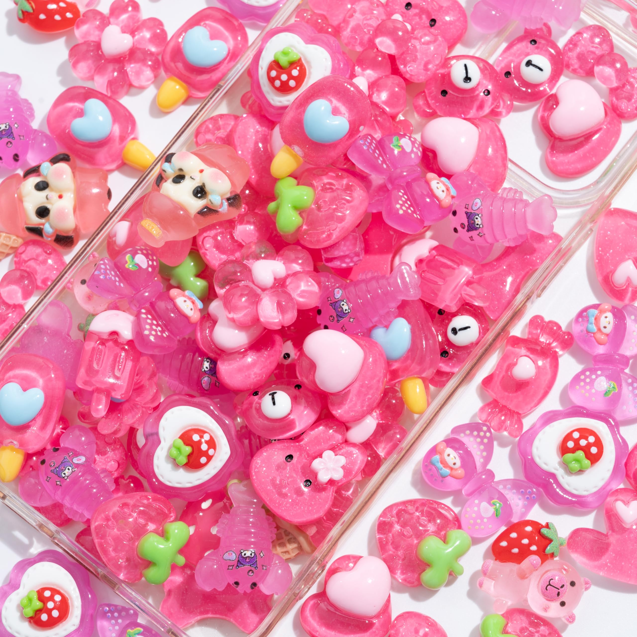 Photo 1 of Decoden Charms 100PCS Mixed Kawaii Flatback Resin Charms for Crafts, Cabochon for DIY Projects, Slime Charm, Resin Art, Scrapbooking, Phone Case & Accessories (Pink)