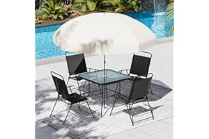 Amopatio Patio Dining Set, Outdoor Table and Chairs with Umbrella, 4 Folding Dining Chairs & Glass Table for Lawn, Deck, Garden, Backyard, Deck, Patio Furniture Set, Black