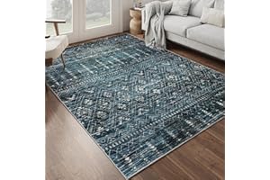befbee 5x7 Area Rugs, Ultra-Thin Washable Rug with Anti Slip Backing, Stain Resistant Area Rugs for Living Room,Non-Shedding Moroccan Rug Large Area Rug (Navy/Beige,5'x7')