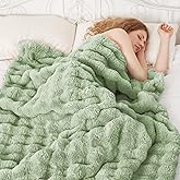 Comelady Faux Rabbit Fur Throw Blanket for Couch,Soft Fluffy Thick Bubble Blanket for Bed Sofa Room Decor-Lightweight Cozy Fuzzy Blanket Gifts for Women Men,New Sage Green,50"×60"