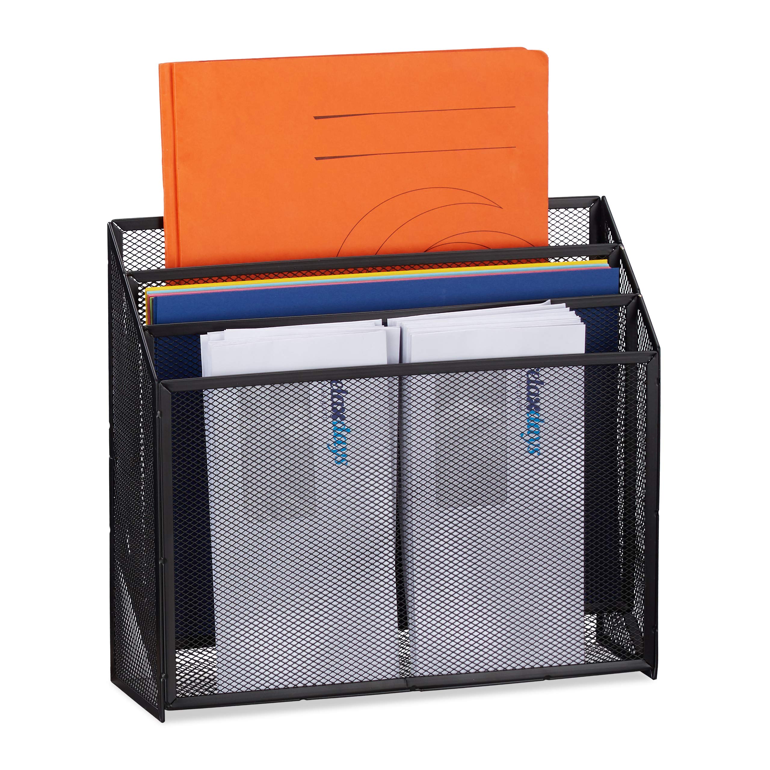 Relaxdays Document Organiser, Standing Letter Holder with 3 Compartments, Desk, Metal, 29.5x32x9 cm, Black, Steel, 29.5 x 32 x 9 cm