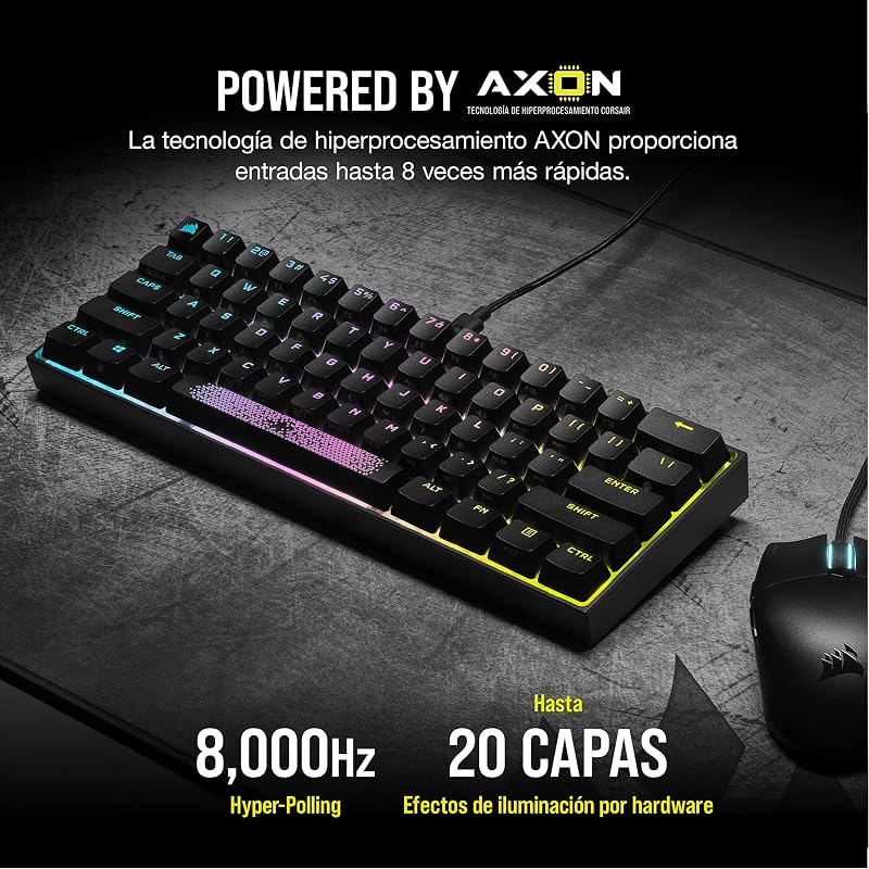 K65 RGB MINI Teclado Mecânico de Gaming 60% Ligado - Switches CHERRY MX RED - Teclados PBT Double-Shot - Compatível com iCUE - QWERTY ES - PC, Mac, Xbox - Preto