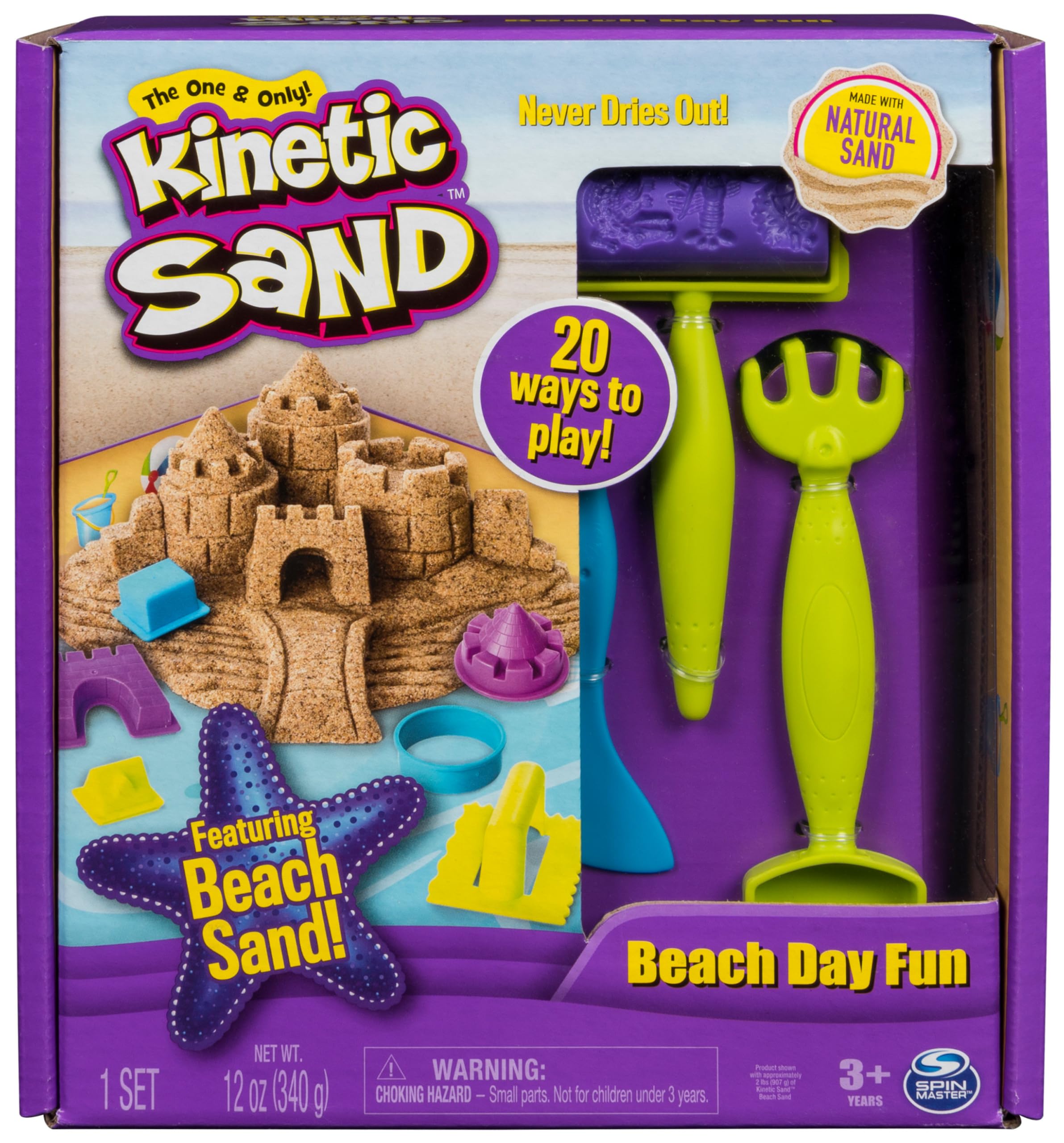 The One and Only Kinetic Sand, Beach Day Fun Playset with Castle Moulds, Tools and 12oz of Kinetic Sand for Ages 3 and Up