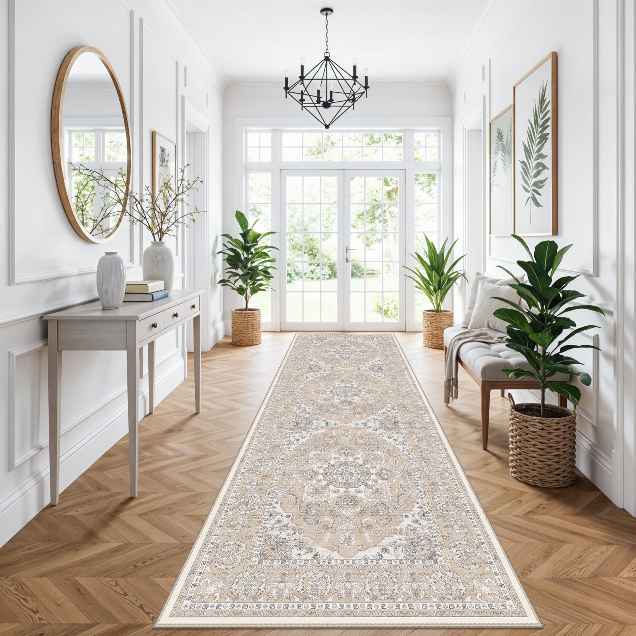 4x12ft Wide Washable Hallway Runners - Non-Slip Vintage Kitchen Rugs with Rubber Backing Stain Resistant Carpet for Dining Room Soft Thin Indoor Floor Mat for Living Room Bedroom (Beige/Cream,4x12) Image