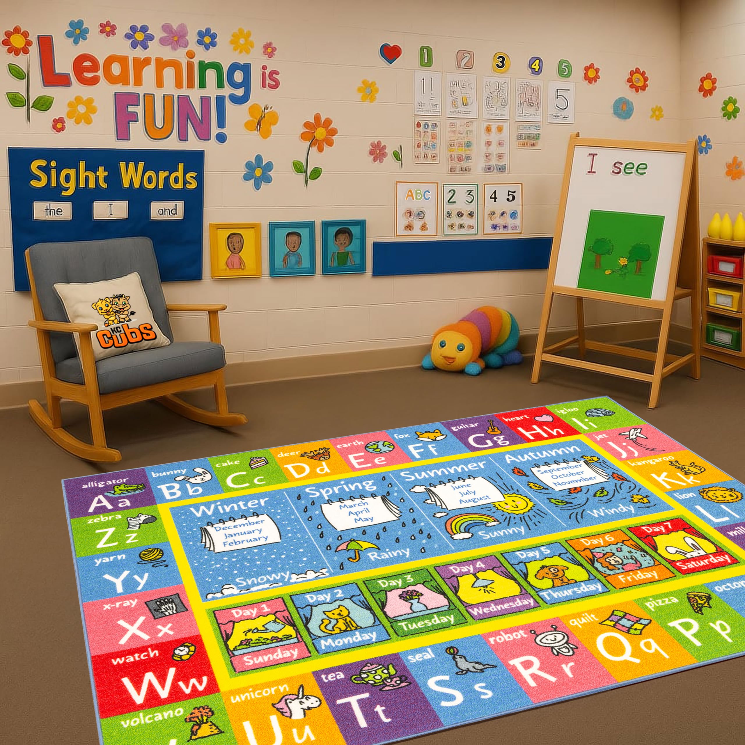 KC Cubs 8x10 ABC Alphabet, Seasons, Months & Days Rug – Educational Play Mat Carpet for Kids, Toddlers, Nursery, Classroom, Playroom, Baby Daycare Image KC Cubs 8x10 ABC Alphabet, Seasons, Months & Days Rug – Educational Play Mat Carpet for Kids, Toddlers, Nursery, Classroom, Playroom, Baby Daycare Image
