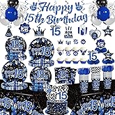 Xynic 193Pcs 15th birthday decorations for boys with Cupcake Topper, 25 Disposable Tableware Set, with 2pcs Table Cloth, Cake Topper, Centerpieces, Banner, for 15 year old boy birthday decorations