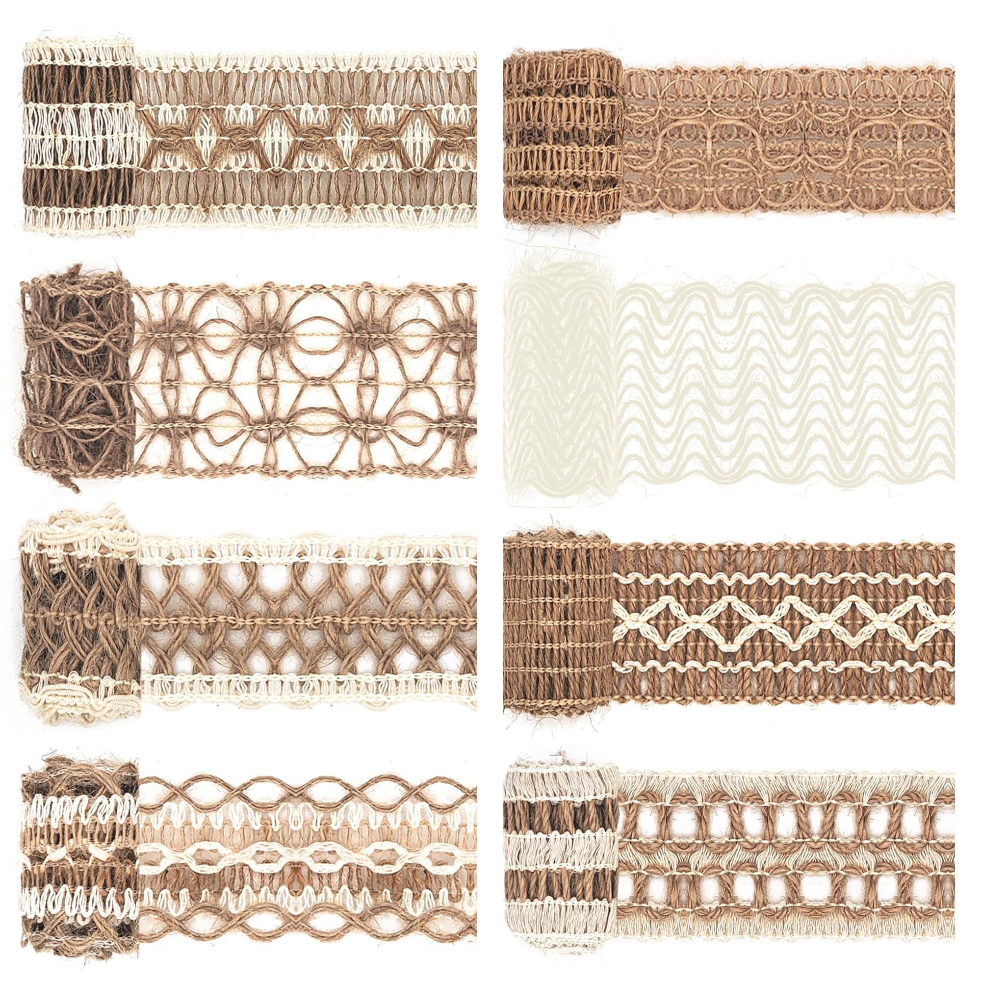 Mayplous 8 Packs Jute Ribbon Natural Burlap Ribbon Roll with Lace Craft Ribbons and Trims Decorative Twine for DIY Arts and Crafts Wrapping Wedding Christmas Party (Lacy)