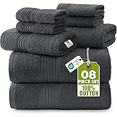 Utopia Towels 8 Piece Premium Towel Set, 2 Bath, 2 Hand, and 4 Washcloths, 100% Ring Spun Cotton, Highly Absorbent Towels for Bathroom, Sports, and Hotel, Grey