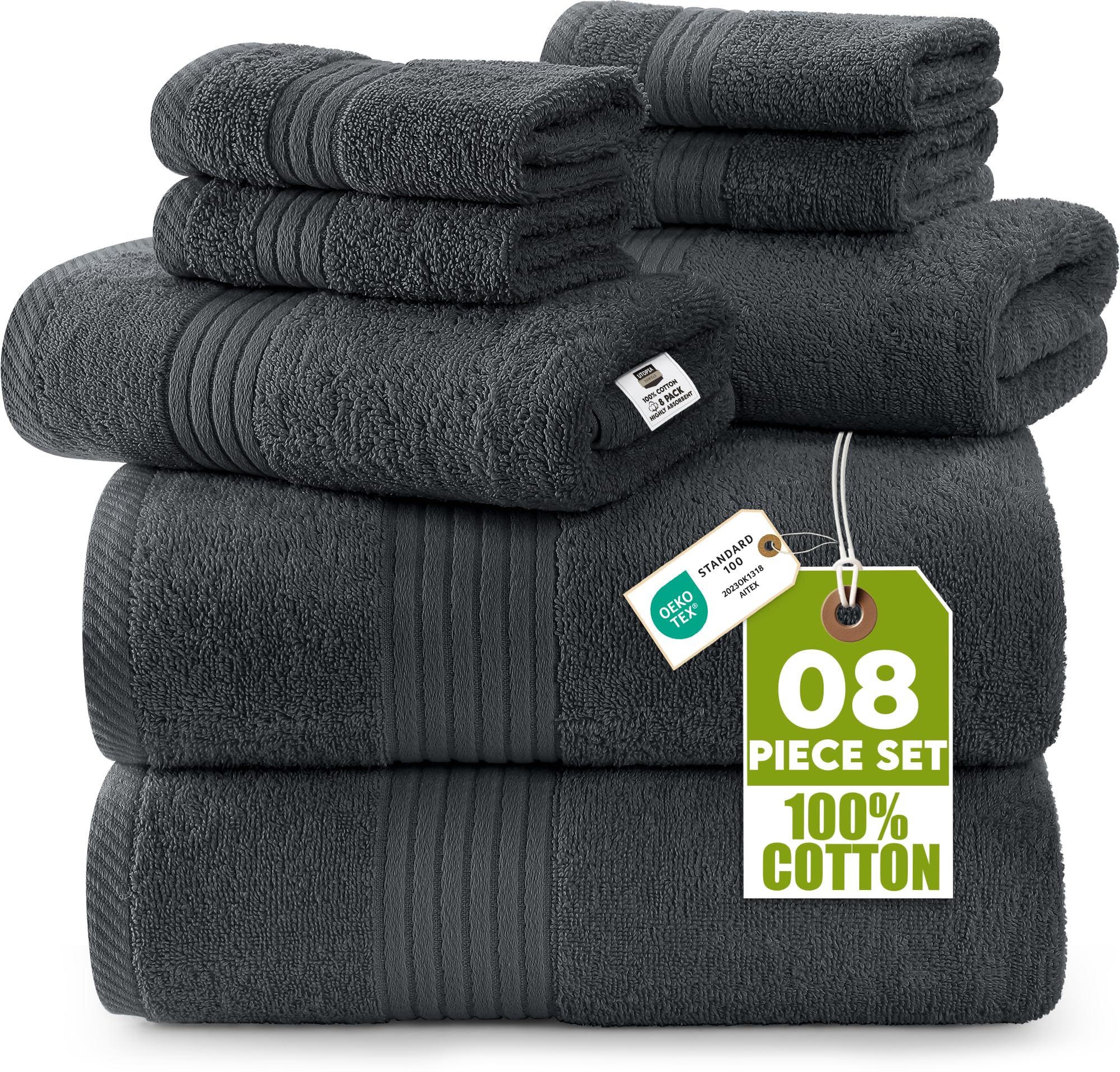 Utopia Towels 8 Piece Premium Towel Set, 2 Bath, 2 Hand, and 4 Washcloths, 100% Ring Spun Cotton, Highly Absorbent Towels for Bathroom, Sports, and Hotel, (Grey, 8)