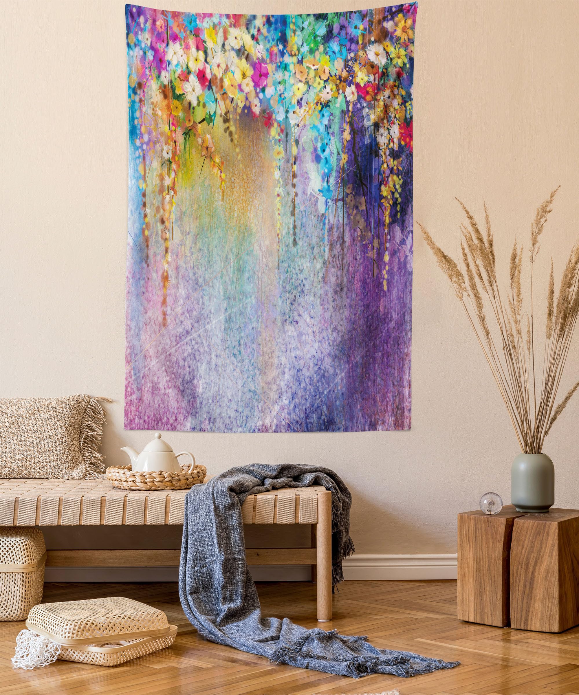 ABAKUHAUS Flower Tapestry, Abstract Herbs Weeds Alternative Medicine Blossoms Ivy Back Florets Shrubs Design, Fabric Wall Hanging Decor for Bedroom Living Room Dorm, 43 W X 58 L, Multicolor