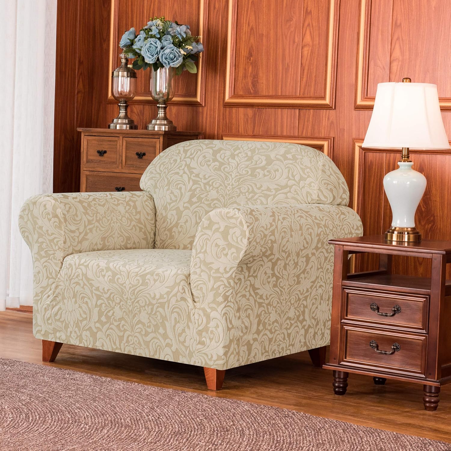 subrtex Sofa Slipcover 1-Piece Jacquard Damask Couch Cover High Stretch Furniture Protector for Armchair in Living Room for Kids, Pets(Small,Linen): Home & Kitchen