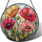AMDERVEN Stained Glass Suncatcher, Red Orange Poppy Flowers Sun Catcher Silver Background Wildflowers Window Hanging Decor Christmas Mother Birthday Gifts for Women Men Mom Nana 7.8 in