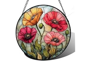 AMDERVEN Stained Glass Suncatcher, Red Orange Poppy Flowers Sun Catcher Silver Background Wildflowers Window Hanging Decor Christmas Mother Birthday Gifts for Women Men Mom Nana 7.8 in