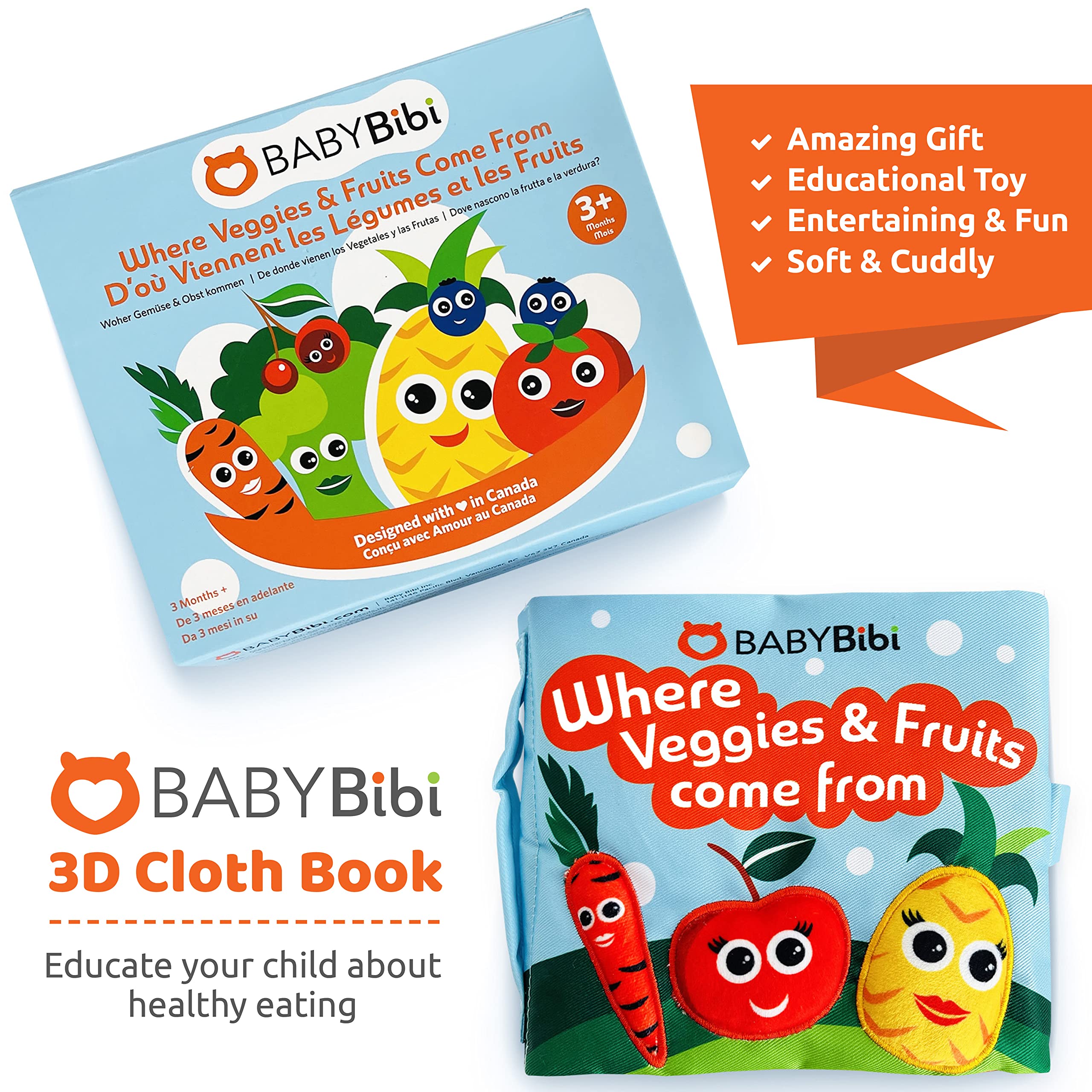 Soft Baby Book, ''Where Veggies & Fruits Come from''. Interactive Teething Infant Book, Touch & Feel, Crinkle Cloth Book for Babies 3 Months+