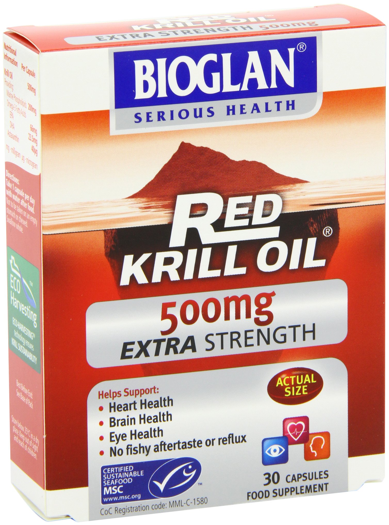 Bioglan Red Krill Oil Extra Strength 500mg, high in Omega3 Fish Oil