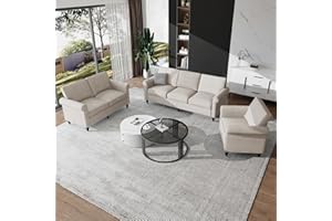 ADOWORE Living Room Sofa Sets 3 Piece, Modern 3 Seater Sofa and Loveseat Couch and Armchair Sets, Linen Fabric 3-Seat + 2-Seat Couch+ Single Accent Chair Furniture Sets