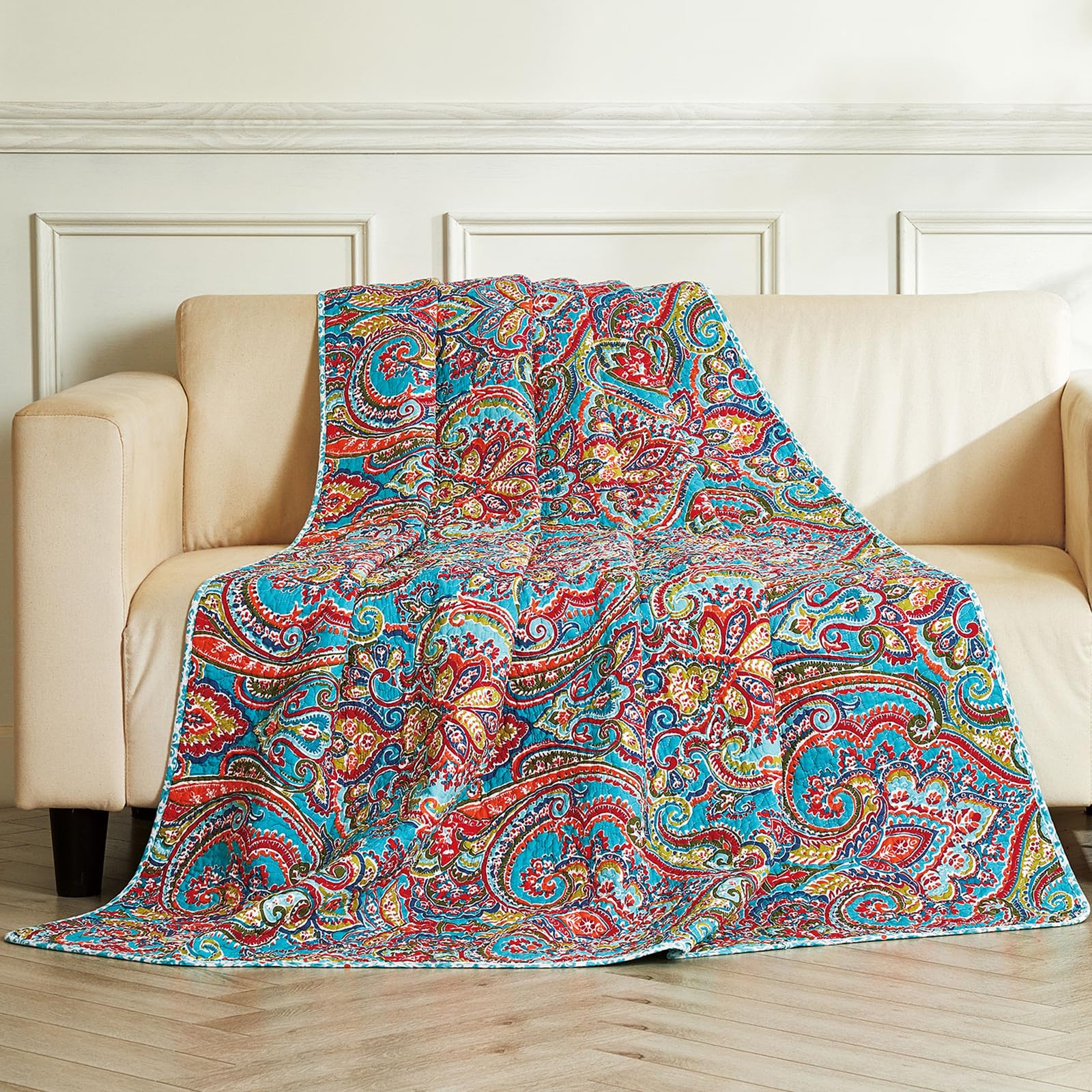 Qucover Single Quilted Bedspreads Lightweight Microfiber Cotton Paisley Bed Spred Single Blue Red Floral Pattern Quilted Sofa Throws 150x200 cm