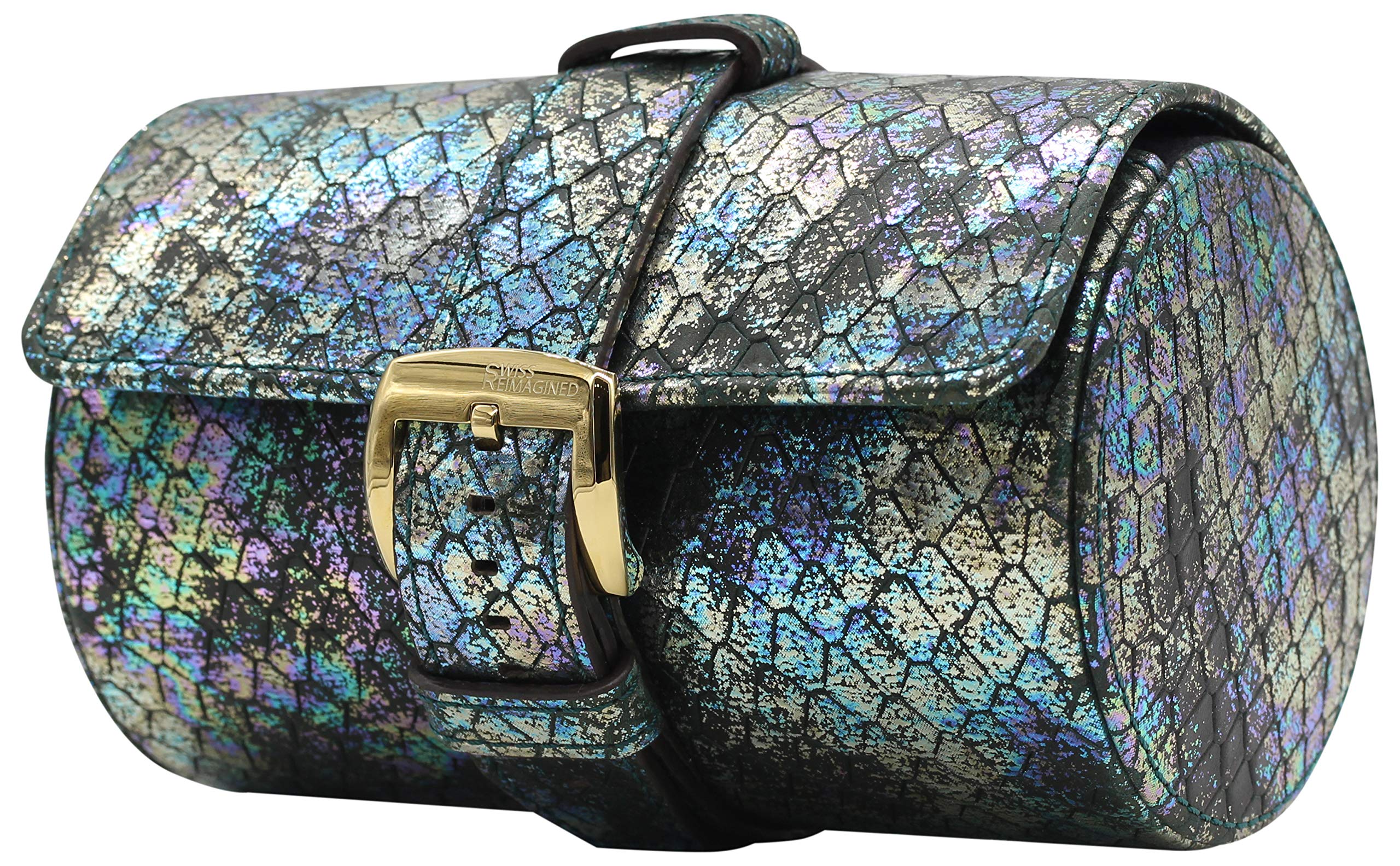 SWISS REIMAGINED Genuine Leather Portable Watch Roll Case Travel Organizer Safe Storage - Metallic Blue